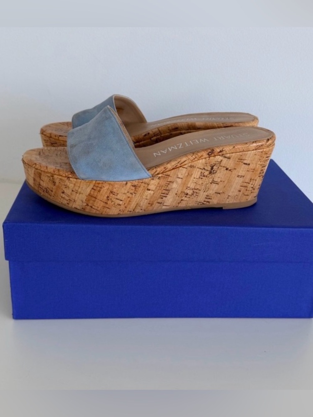 Stuart Weitzman Light Blue Suede Cork Wedge Slides size 6